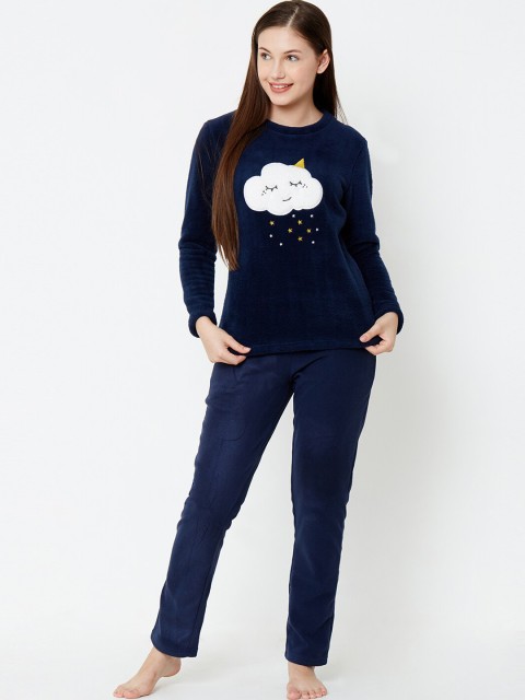 

Sweet Dreams Women Navy Blue & White Self Design Night suit