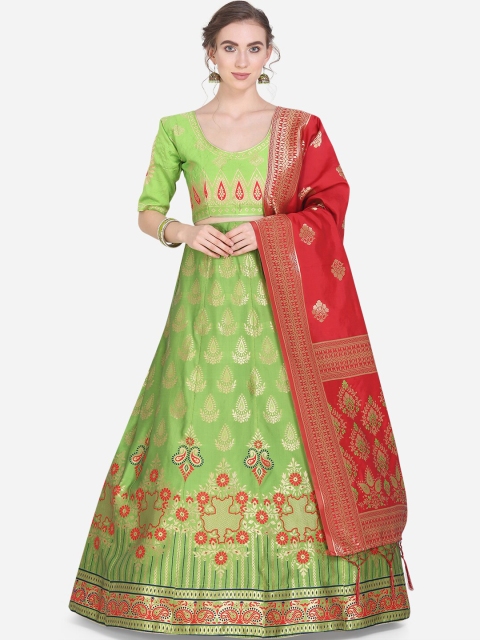 

Mitera Green & Red Woven Design Semi-Stitched Lehenga & Unstitched Blouse with Dupatta