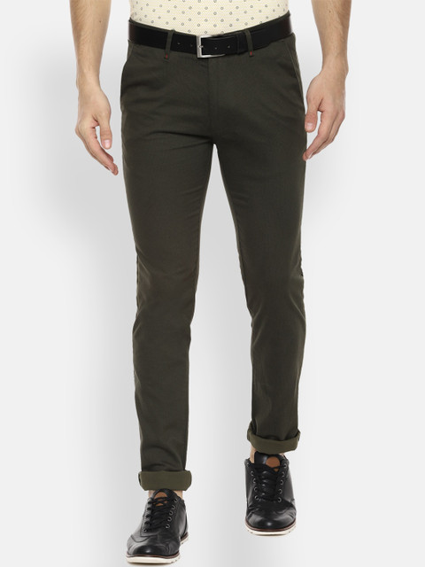 

V Dot Men Olive Green Slim Fit Self Design Regular Trousers