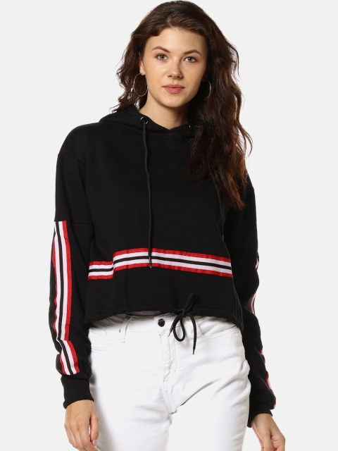 

Campus Sutra Women Black Striped Hooded Sweatshirt