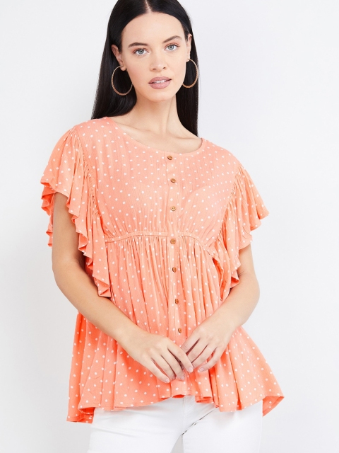

max Women Coral & White Printed Empire Top