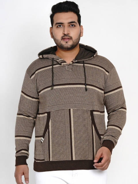

John Pride Men Coffee Brown Checked Hooded Plus Size Sweatshirt