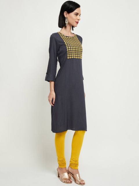 

max Women Grey & Yellow Embroidered Straight Kurta