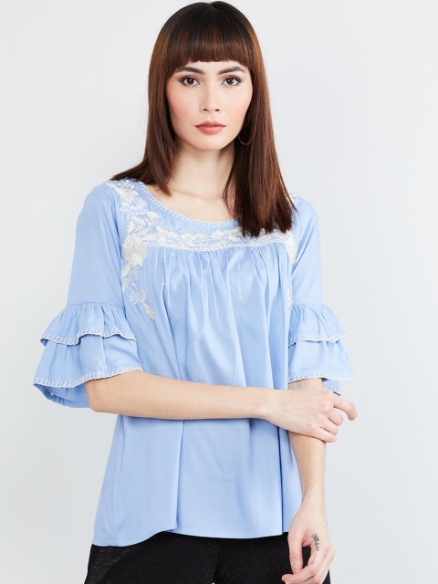

max Women Blue Embroidered A-Line Top