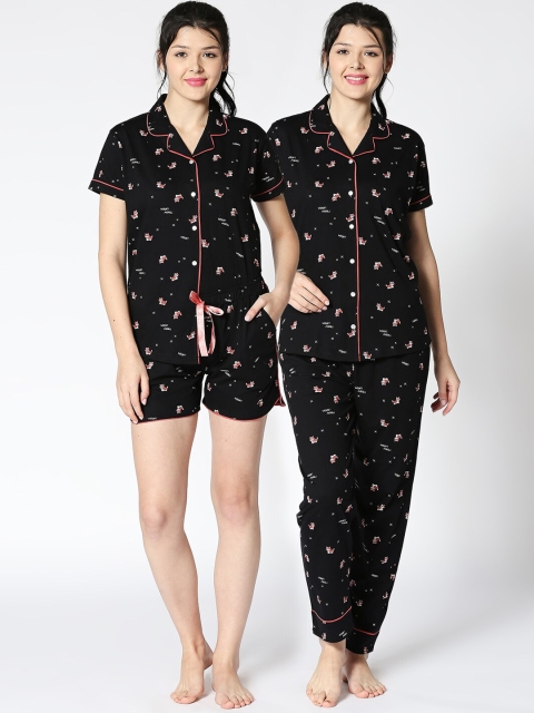 

I like me Women Black & Peach-Coloured Printed 3 Pc Night Suit