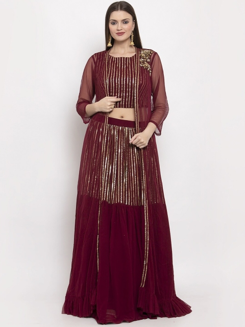 

KHALOM Maroon & Gold-Coloured Sequin Embellished Ready to Wear Lehenga with Blouse