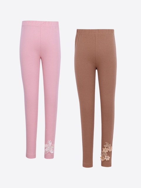 

CUTECUMBER Girls Pack of 2 Pink & Brown Solid Ankle-Length Leggings