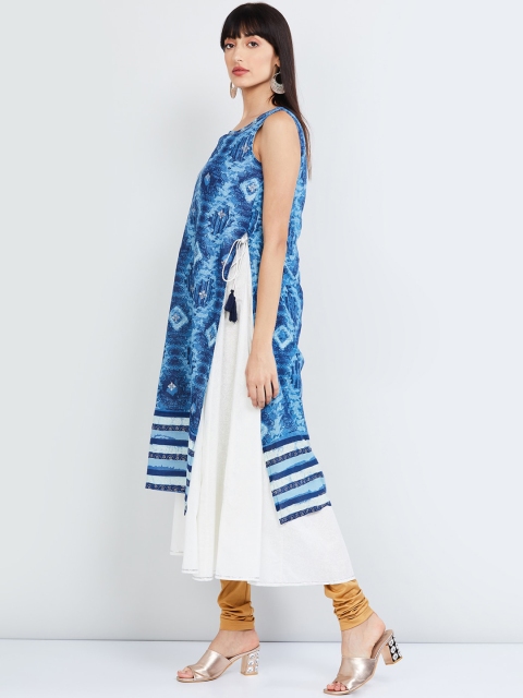 

max Women Blue & Off-White Printed A-Line Layered Kurta