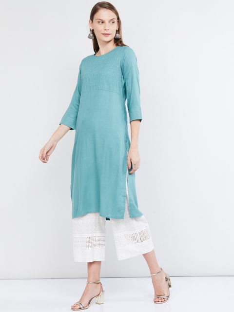 

max Women Teal Blue Solid Straight Kurta