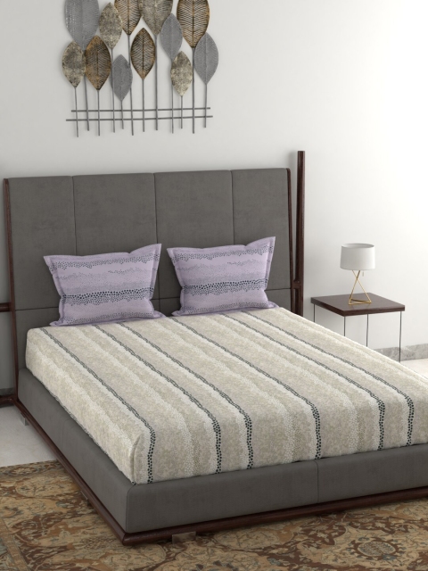 

Trident Grey & Taupe Striped 130 TC Cotton 1 Queen Bedsheet with 2 Pillow Covers