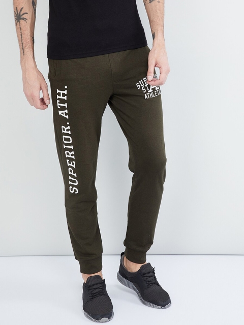 

max Men Olive Green & White Printed Joggers