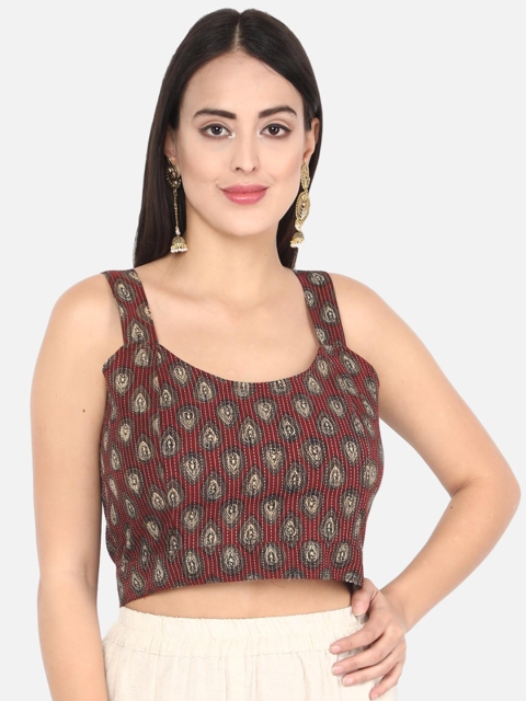 

Molcha Women Maroon & Brown Printed Readymade Ajrak Saree Blouse