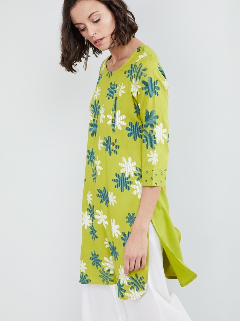 max Women Lime Green & White Printed Straight Kurta