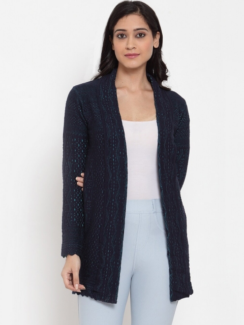 

Kalt Women Navy Blue Self Design Front-Open Cardigan