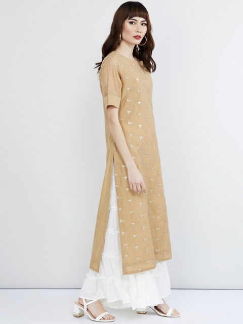

max Women Beige & Silver-Toned Woven Design Straight Kurta