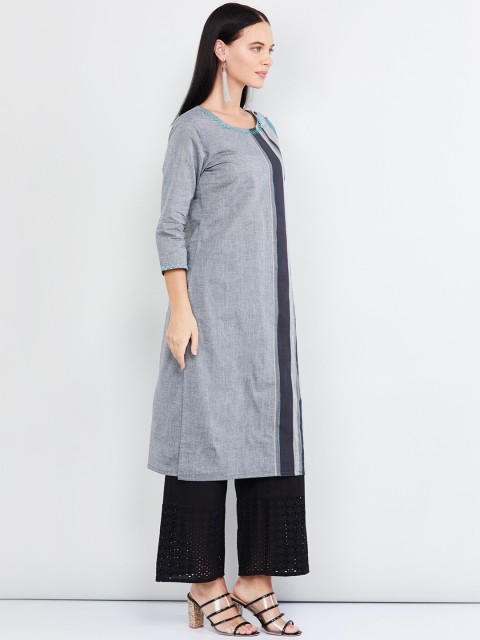 

max Women Grey Striped A-Line Kurta