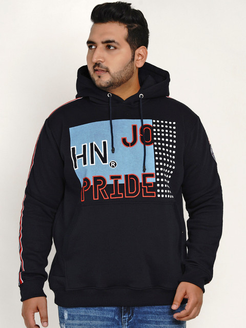 

John Pride Men Navy Blue Printed Hooded Plus Size Sweatshirt