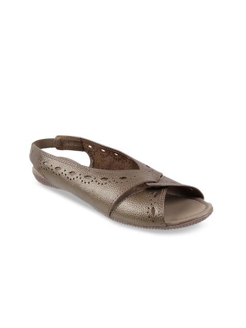 Metro Women Gold-Toned Textured Leather Open Toe Flats