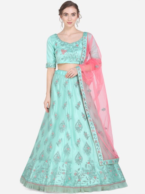 

Mitera Sea Green & Pink Embroidered Unstitched Lehenga & Blouse with Dupatta