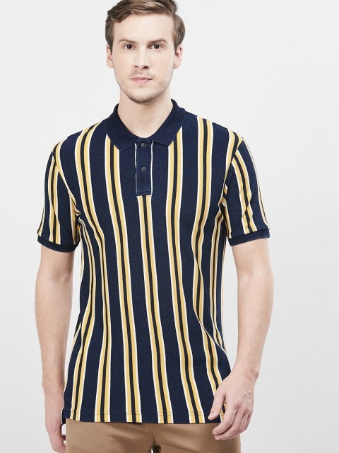 

max Men Yellow & Navy Blue Striped Polo Collar T-shirt