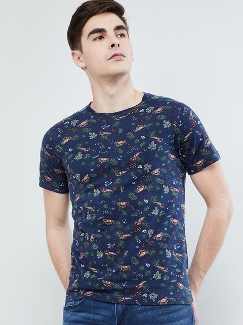 

max Men Blue Printed Mandarin Collar T-shirt