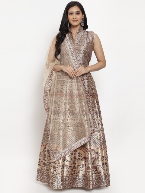 KHALOM Women Blue & Peach-Coloured Embellished Maxi Dress With Dupatta