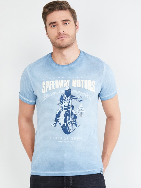 

max Men Blue Printed Round Neck Pure Cotton T-shirt
