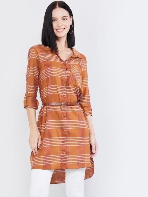 

max Women Orange Checked Shirt Style Longline Top