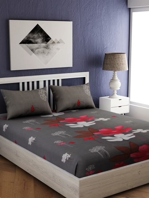 

EverHOME Grey Floral 210 TC Cotton 1 Queen Bedsheet with 2 Pillow Covers