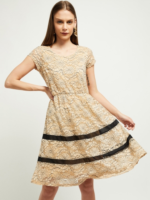 

max Women Beige Printed Fit and Flare Dress