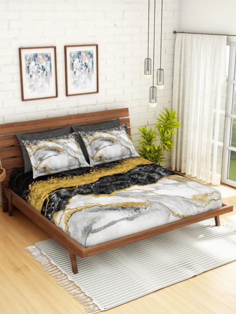 

SPACES Gold-Toned & Grey Abstract 300 TC Cotton 1 King Bedsheet with 4 Pillow Covers