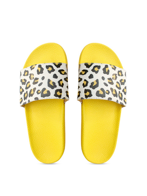 

FREECO Women White & Yellow Animal Printed Sliders