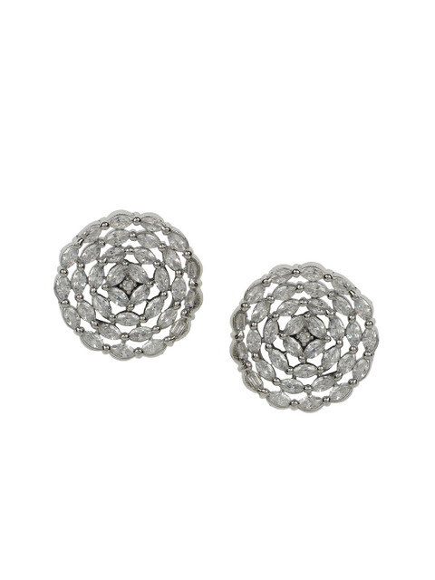 

ANIKAS CREATION Silver-Plated American Diamond Stone Studded Floral Studs