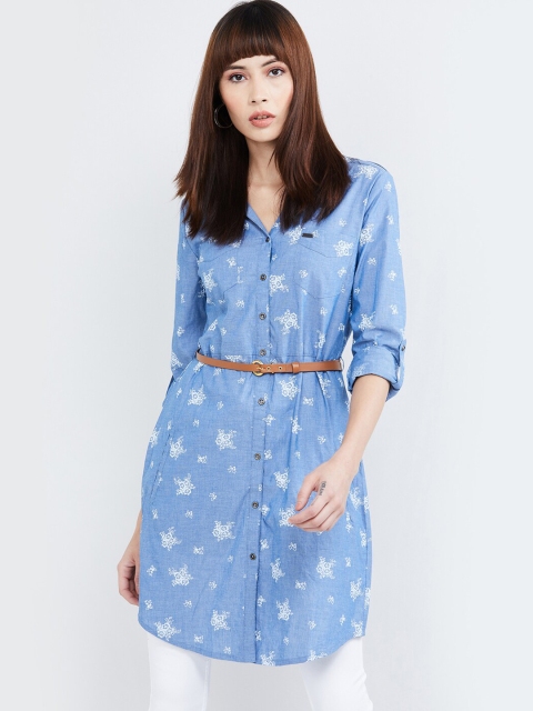 

max Women Blue Printed Shirt Style Longline Top