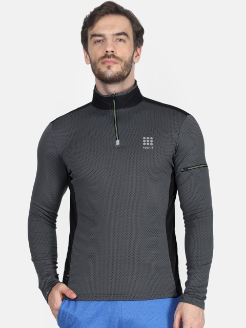 

rock.it Men Charcoal Grey & Black Colourblocked Mandarin Collar T-shirt