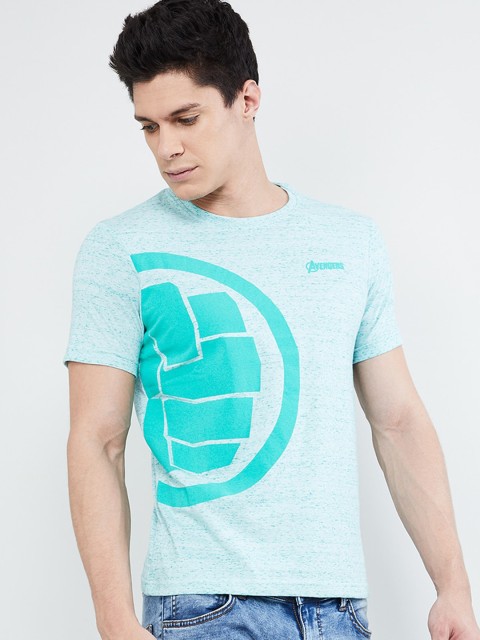 

max Men Turquoise Blue Printed Round Neck T-shirt