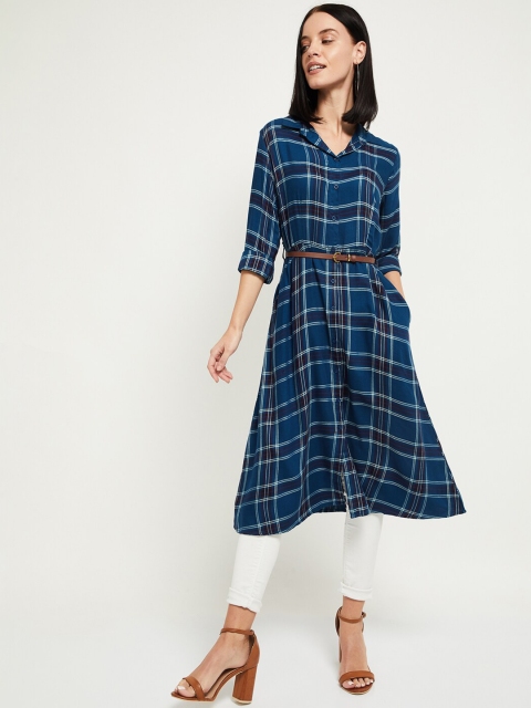 

max Women's Navy Blue & White Checked Tunic