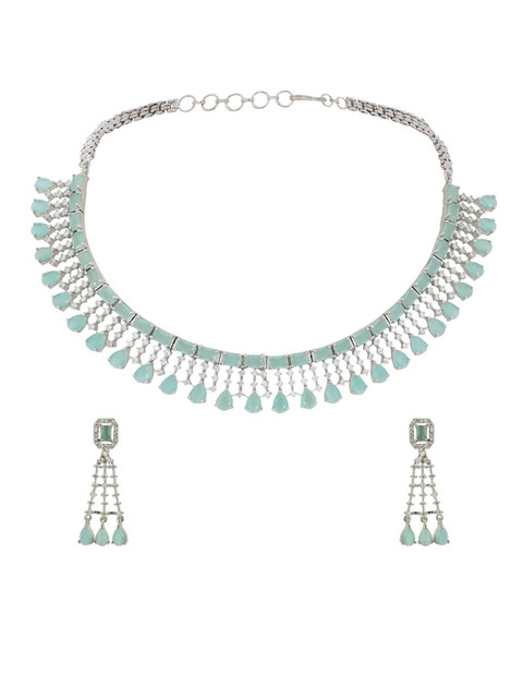 

ANIKAS CREATION Silver-Plated Sea Green & White American Diamond Studded Jadau Jewellery Set