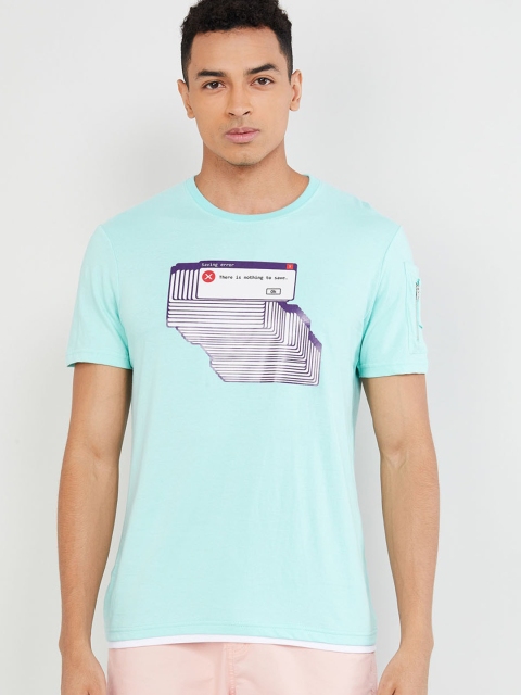 

max Men Blue Printed Round Neck T-shirt