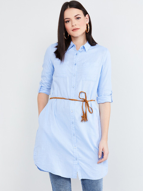 

MAX Women Blue Solid Tunic with Tie-Up Detail