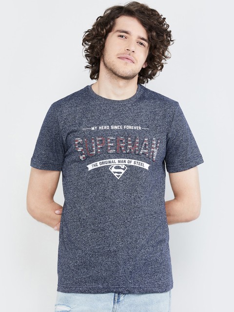 

max Men Blue Printed Round Neck T-shirt