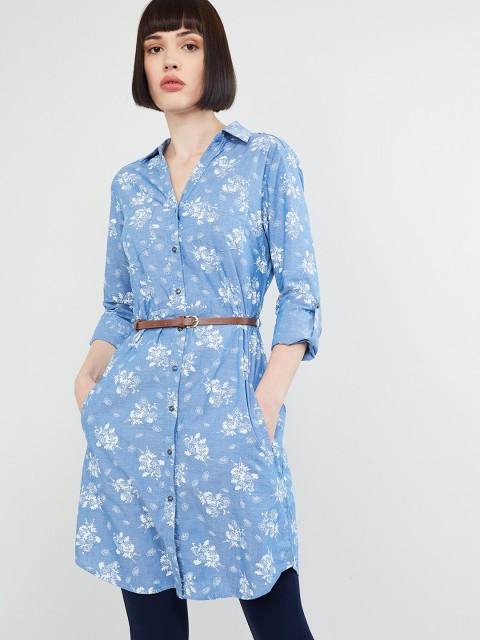 

max Women Blue & White Regular Fit Printed Casual Shirt