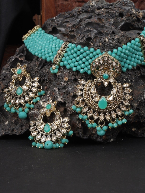

ANIKAS CREATION Gold-Plated & Sea Green Pearl Beaded Handcrafted Choker Jewellery Set