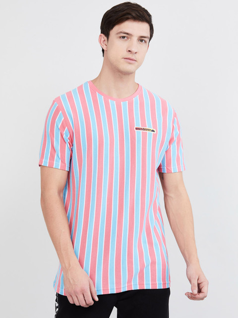 

max Men Pink & Blue Striped Round Neck T-shirt