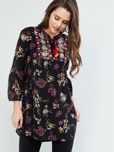 

MAX Floral Print Tie-Up Gathered Sleeves Tunic, Black