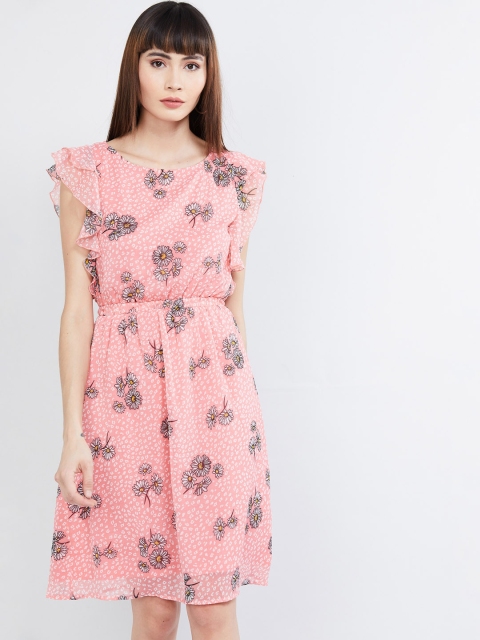 

max Women Pink & Black Floral Printed Fit and Flare Dress