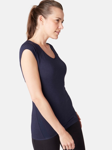 

NYAMBA By Decathlon Women Navy Blue Solid Moisture Wicking Round Neck T-shirt