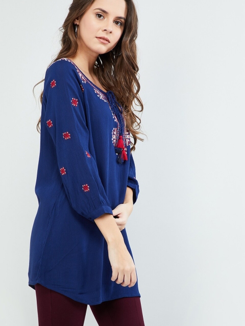 

max Women's Navy Blue & Off-White Embroidered Tunic