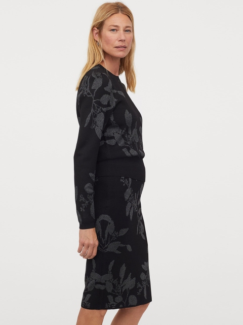 

H&M Women Black & Grey Printed Jacquard-knit Skirt