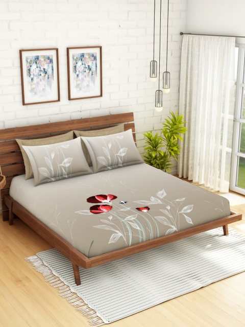 

SPACES Beige & Red Floral 300 TC Cotton 1 King Bedsheet with 4 Pillow Covers